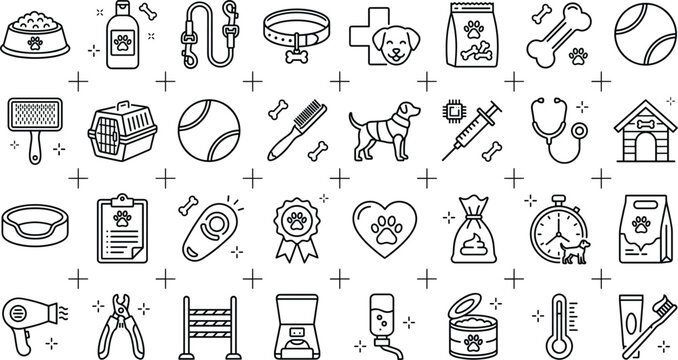 Dog and pet care line icon set with veterinary medicine food collar grooming tools toys puppy training elements