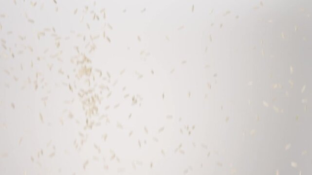Dry uncooked Brown Rice raining down on a white backdrop in slow motion close up macro.
