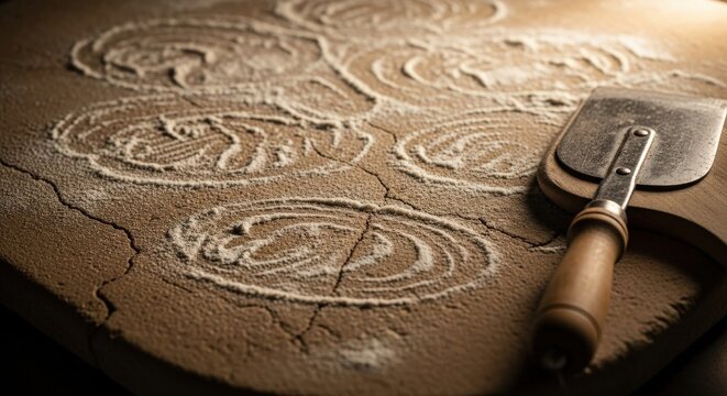 Preparing Dough Baker's Table Flour Swirls Cutting Tool Rustic Background Craft Bakery Gourmet Food Pizza Prep Cooking Station Pastry