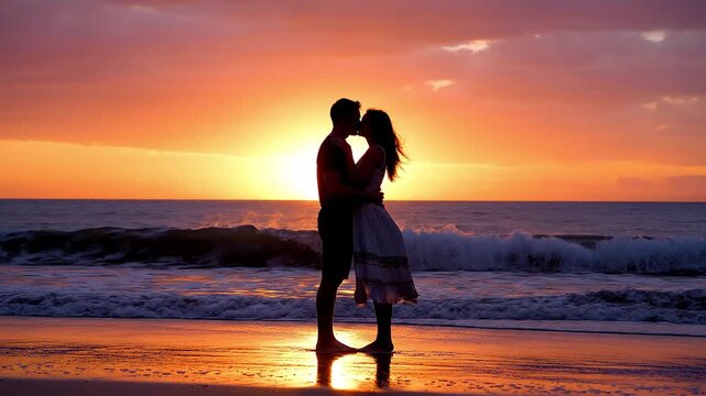 Romantic couple kissing on beach at sunset during golden hour