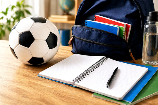 Soccer ball with school bag and notepad on wooden desk. Student supplies for classroom study and physical education. Concept of back to school preparation and extracurricular activity.