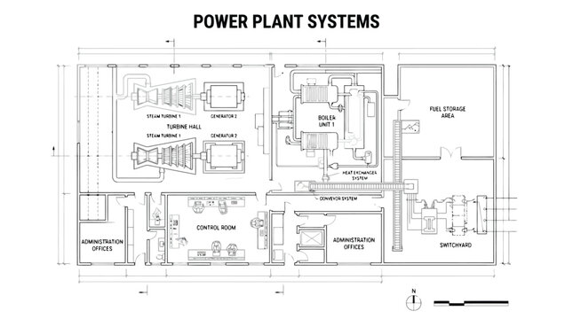 Technical Blueprint Floor Plan of a Power Plant Systems including Turbine Hall Boiler Unit and Control Room