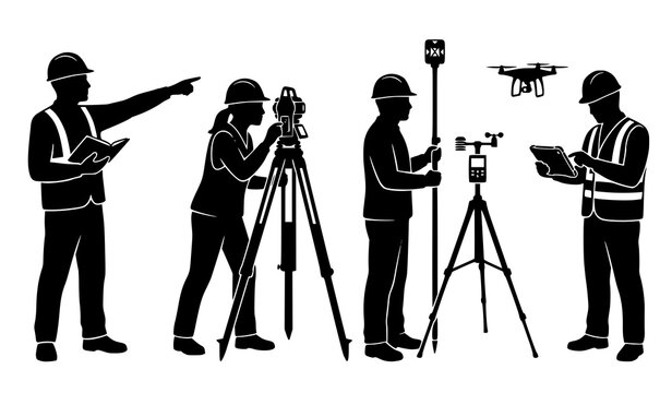 Surveying team with drone and equipment black silhouette vector