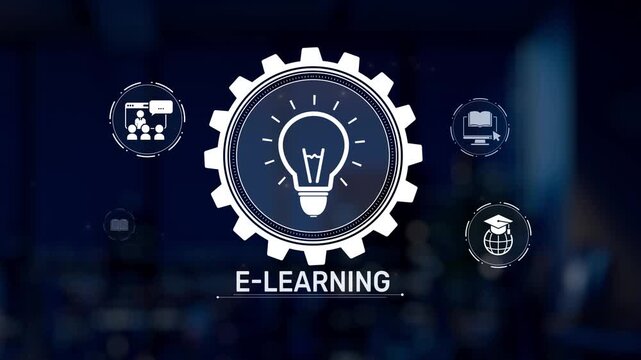 A futuristic robot arm illustrates the concept of e-learning, showcasing various educational icons in a modern workspace, emphasizing technology and innovation in education. Synapse