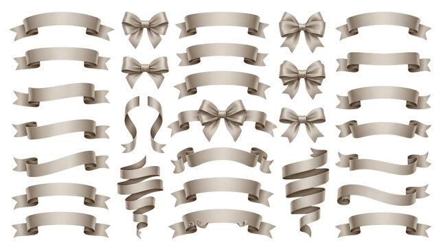Elegant silver satin ribbons and bows collection, luxury silk banner set for wedding invitations, metallic grey decorative scrolls and gift knots isolated PNG with Transparent Background