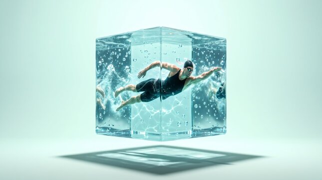 Male athlete swimming inside a floating transparent water cube on mint background, surreal sports and impossible physics concept