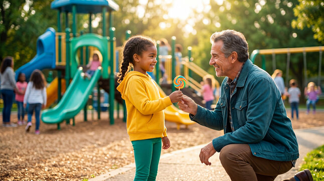Elderly man giving colorful lollipop to smiling African American girl in sunny playground. Family care and child safety concept for missing children day awareness