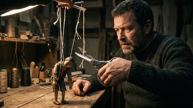 A man severs the connection between the puppeteer and puppet, symbolizing freedom from oppression, hidden powers, and manipulation.