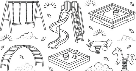 Children playground equipment line icons set with swing slide sandbox monkey bars rocking horse and outdoor park elements © vector design 