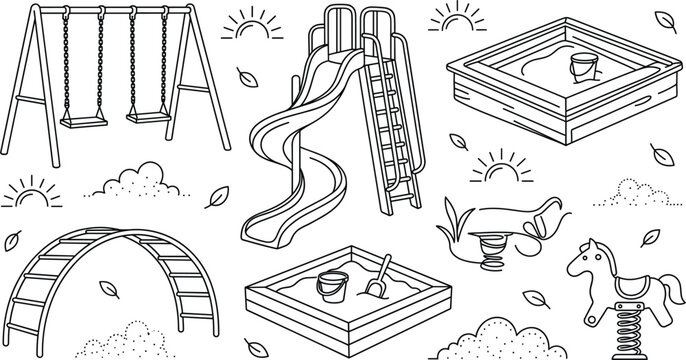 Children playground equipment line icons set with swing slide sandbox monkey bars rocking horse and outdoor park elements
