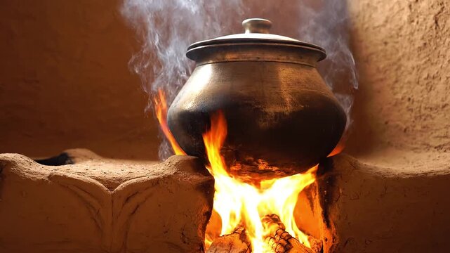 Traditional pot cooking over an open wood fire in a clay stove