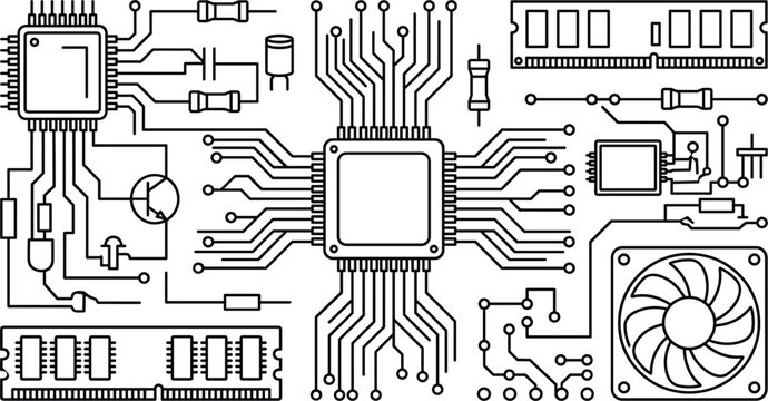 Computer hardware circuit board doodle icon set with CPU processor RAM modules cooling fan resistors motherboard electronic components