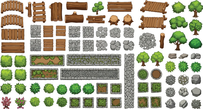 Top down game assets set with wooden bridges, stone paths, trees, bushes and rocks for map design