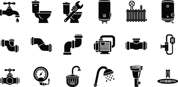Plumbing and heating system icons set featuring pipes valves faucets and water equipment in flat black vector
