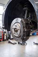 Fototapeta premium Car brake repair with wheel removed in auto service garage