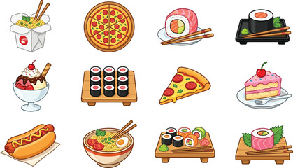 International Fast Food and Japanese Sushi Cuisine Vector Illustration Set Featuring Pepperoni Pizza Asian Noodles Ramen Hot Dog Roll Assortments and Sweet Desserts © Mifta