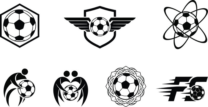 Set of soccer ball logo icons with wings shield and abstract shapes in black and white vector
