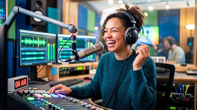 African American woman radio host broadcasting live on air in modern studio. Smiling broadcaster at mixing console with headphones and microphone. Professional radio media and communication concept