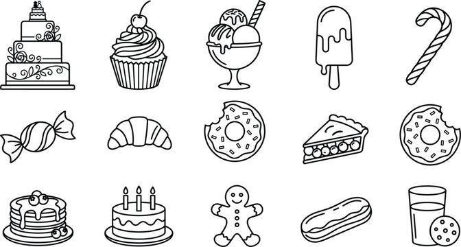 Sweets and bakery desserts line icon set with wedding cake cupcake ice cream donut pancakes candy gingerbread pie