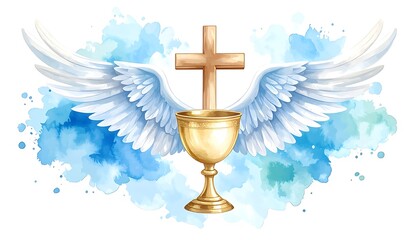 Fototapeta premium A golden chalice with white wings and a cross on a blue background