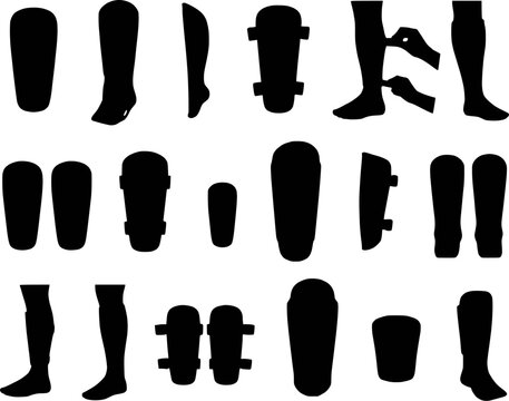 Soccer football shin guard pad protection silhouettes vector icon set isolated