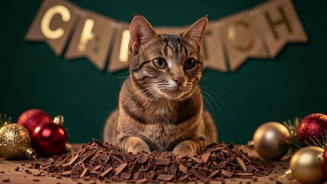 Curious Tabby Cat Sniffing Chocolate Pieces on a Dark Surface Cinematic Close Up