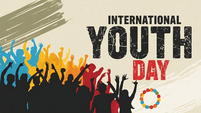 International Youth Day Banner with Cheering Crowd and Artistic Brushstrokes