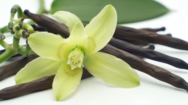 Close-up of vanilla flower with pods and green stems against white backdrop