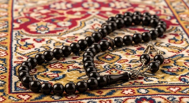 Prayer beads on a traditional prayer rug