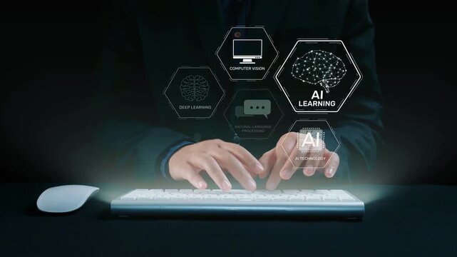 AI learning system involves deep learning, supervised machine learning, and natural language processing. AI learning diagram shows how AI advances learn in automation and data processing. Elide