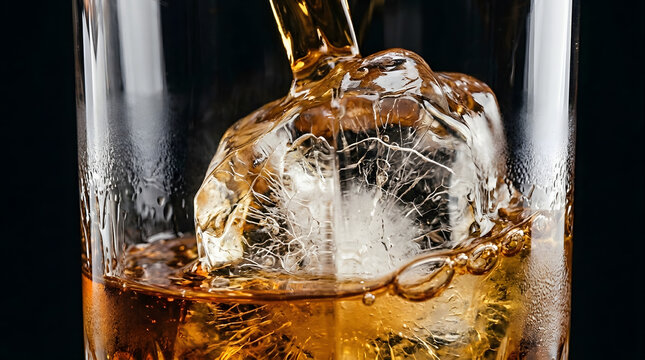 Bourbon Whiskey Poured Over Ice in Glass