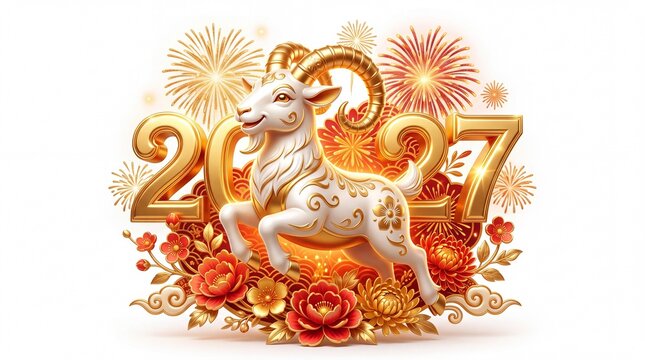 Goat as symbol of 2027 year. Decorative golden number with white Chinese zodiac animal and festive red flowers. Celebration of Lunar New Year and spring festival greeting card design