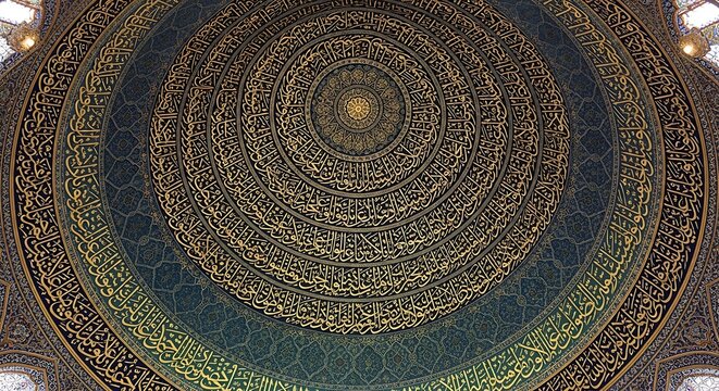 Mosque interior dome with calligraphy and geometric patterns