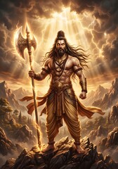 Obraz premium Powerful warrior god holding a golden axe on a mountain peak