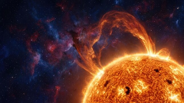 Sun emitting powerful solar flare, coronal mass ejection, geomagnetic storm, plasma eruption, stellar activity, cosmic energy, space weather, deep galaxy, vibrant nebula, distant starfield.