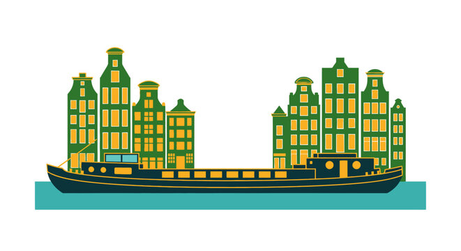 Colorful canal houses on stylized vintage cargo boat.