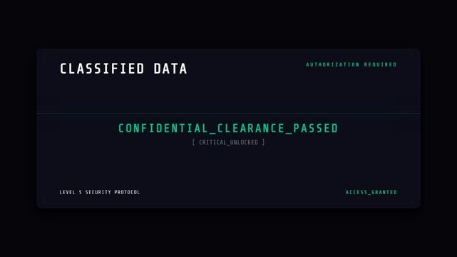 Classified data screen, animated security access sequence with changing authorization status, futuristic digital interface, symbolizing data security and access control, representing technology