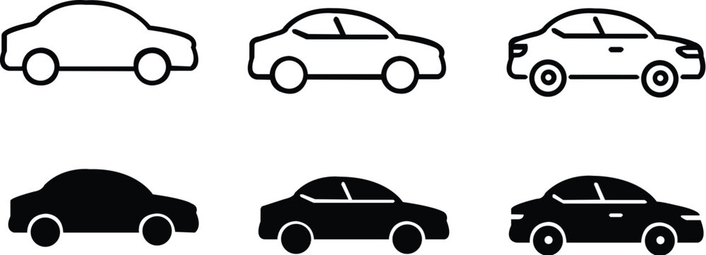 Car icon set. Simple and detailed auto symbol in different style. Automobile vector illustration. Vehicle sign. Sedan silhouette. Black car graphic design 