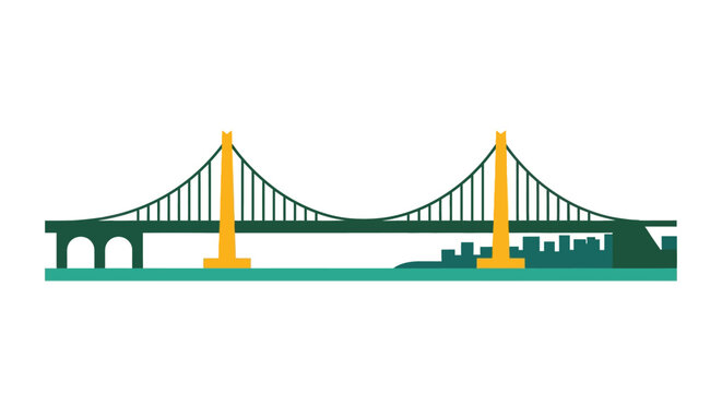 Illustrated suspension bridge with urban skyline backdrop.
