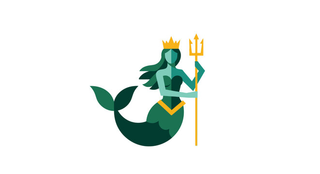 Illustrated Mermaid King Holding Golden Trident Symbol.