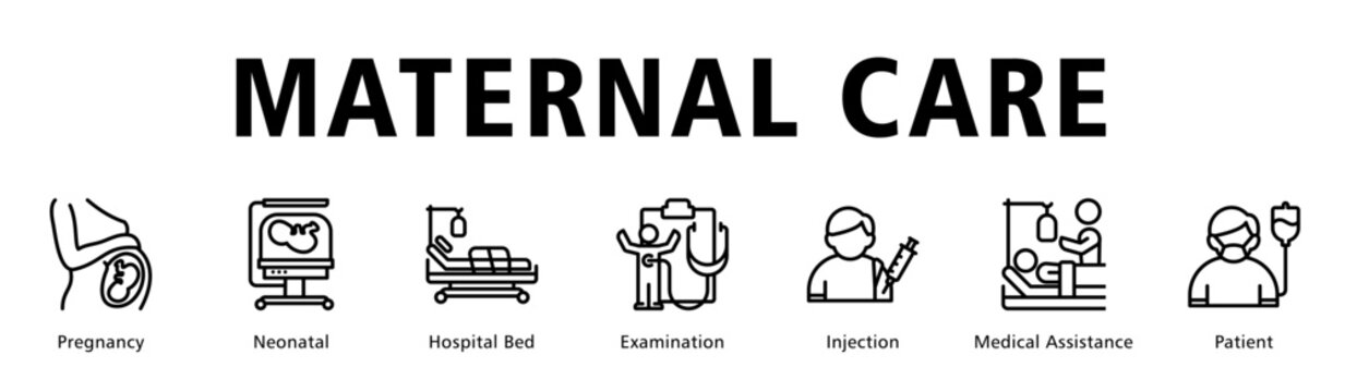 Maternal Care web banner icon vector illustration presenting prenatal monitoring, newborn care and supportive hospital services.