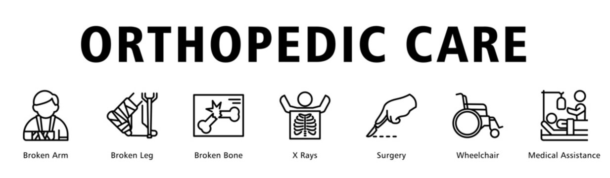 Orthopedic Care web banner icon vector illustration describing fracture diagnosis, surgery and rehabilitation support services.