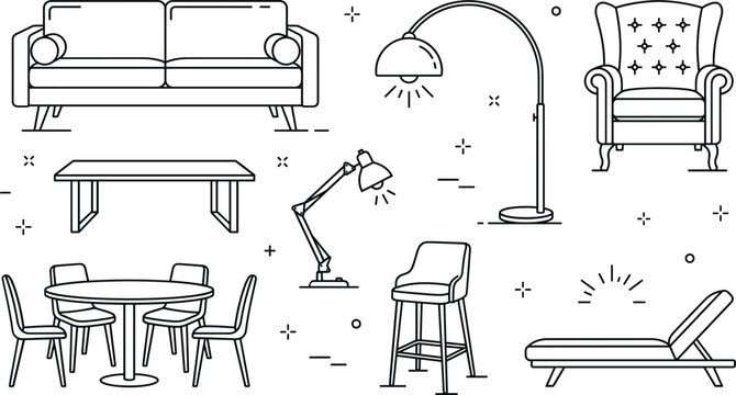 Living room furniture doodle icon set with sofa floor lamp armchair dining table chairs bar stool chaise lounge