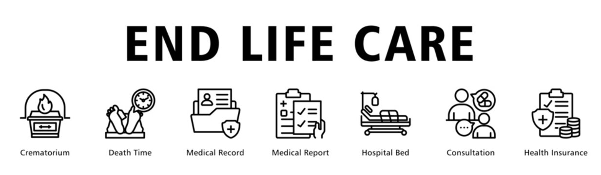 End Life Care web banner icon vector illustration depicting structured documentation and respectful end of life healthcare services.