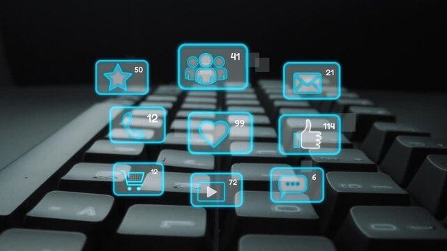 Icons representing social media interaction, communication, and engagement. Social media builds community, social media drives connection, and social media influences behavior. Marrow