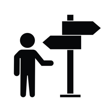 Man looking at signpost icon vector isolated.