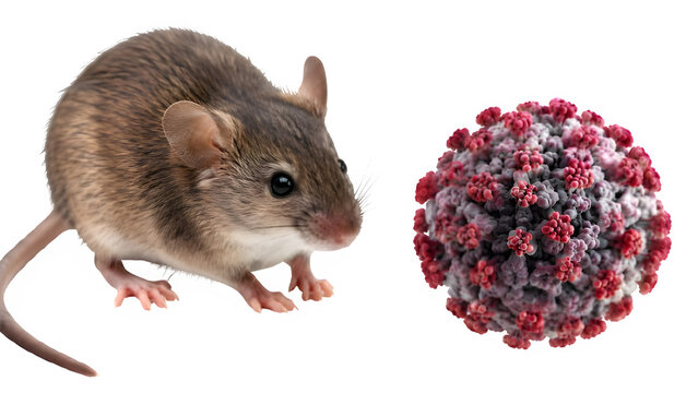 A brown mouse positioned next to a 3D rendered coronavirus particle on a transparent background
