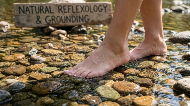 Natural reflexology and grounding feet on river stones sign for foot health awareness month wellness poster and therapy banner