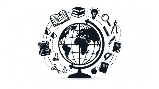 An educational illustration of a globe surrounded by various school supplies and books in a circular pattern.