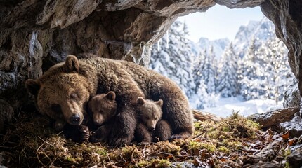Fototapeta premium Mother bear sleeping with two cubs inside a rocky mountain den. Family of brown bears resting in winter shelter with snow forest view. Wildlife nature scene and animal parenting